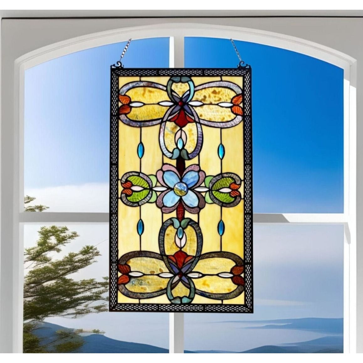 Tiffany Style Stained Glass Window Panel Suncatcher Victorian in Amber 15x26in