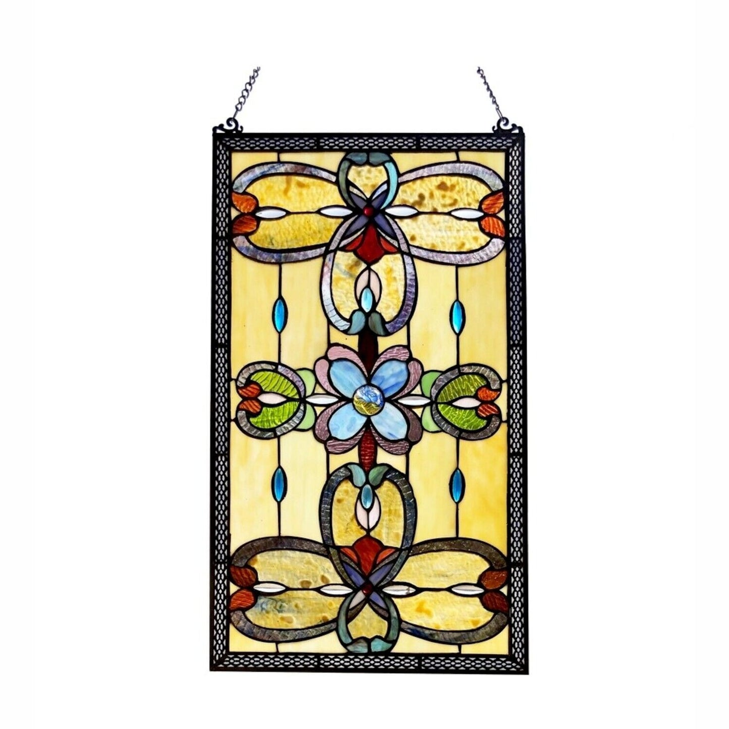 Tiffany Style Stained Glass Window Panel Suncatcher Victorian in Amber 15x26in