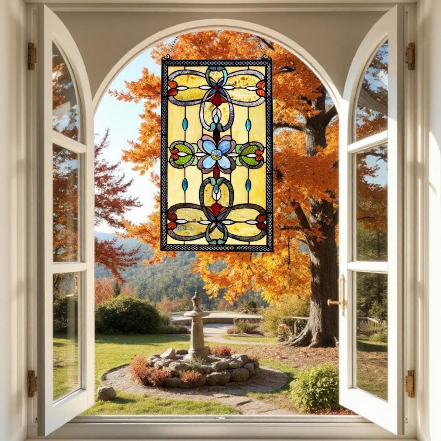 Tiffany Style Stained Glass Window Panel Suncatcher Victorian in Amber 15x26in