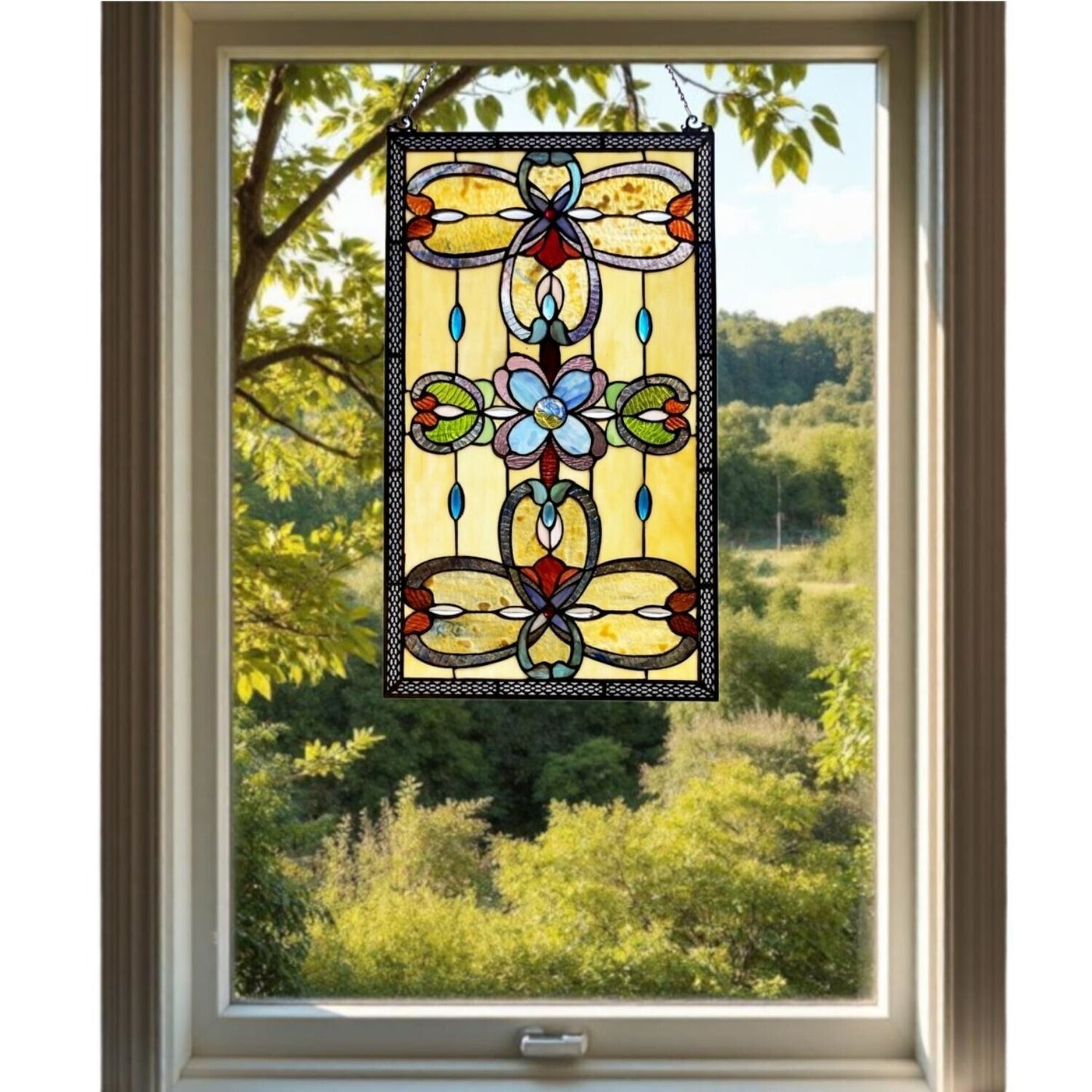 Tiffany Style Stained Glass Window Panel Suncatcher Victorian in Amber 15x26in