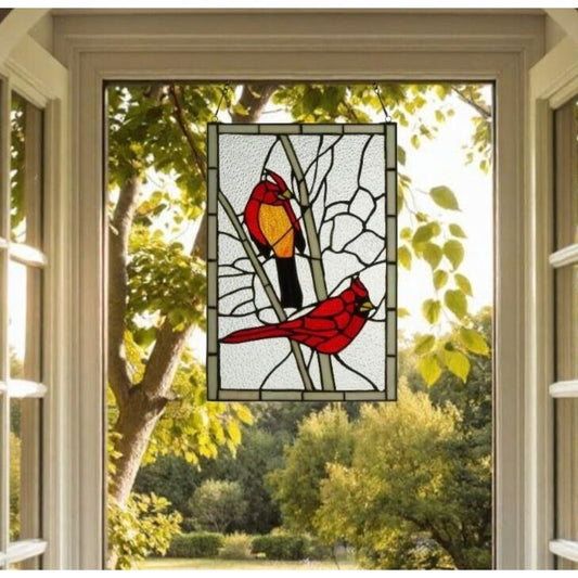 Red Cardinals Tiffany Style Stained Glass Window Panel Suncatcher 12x18in