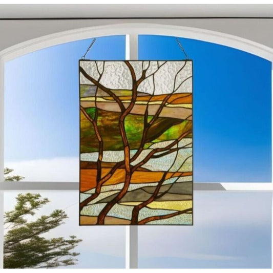 Tiffany Style Stained Glass Panel of Fall Treescape Suncatcher 14x20in