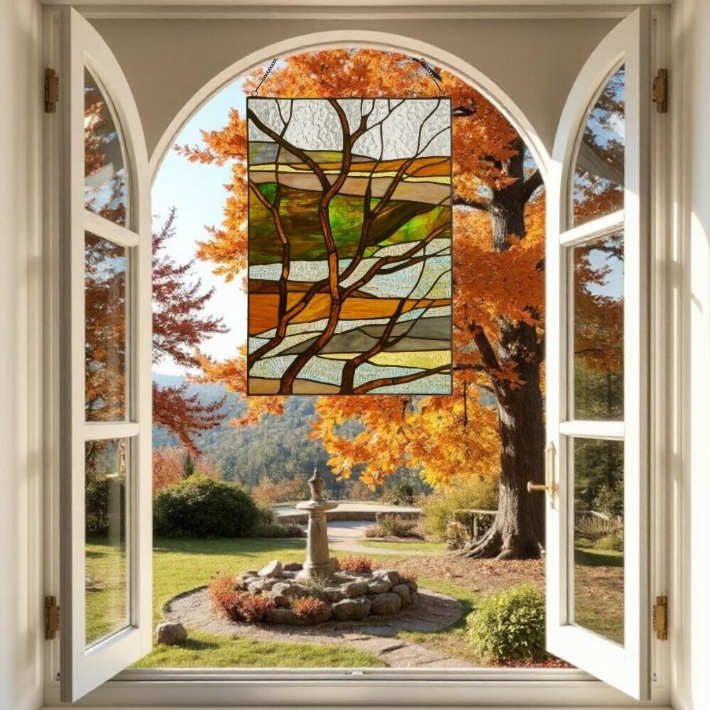 Tiffany Style Stained Glass Panel of Fall Treescape Suncatcher 14x20in