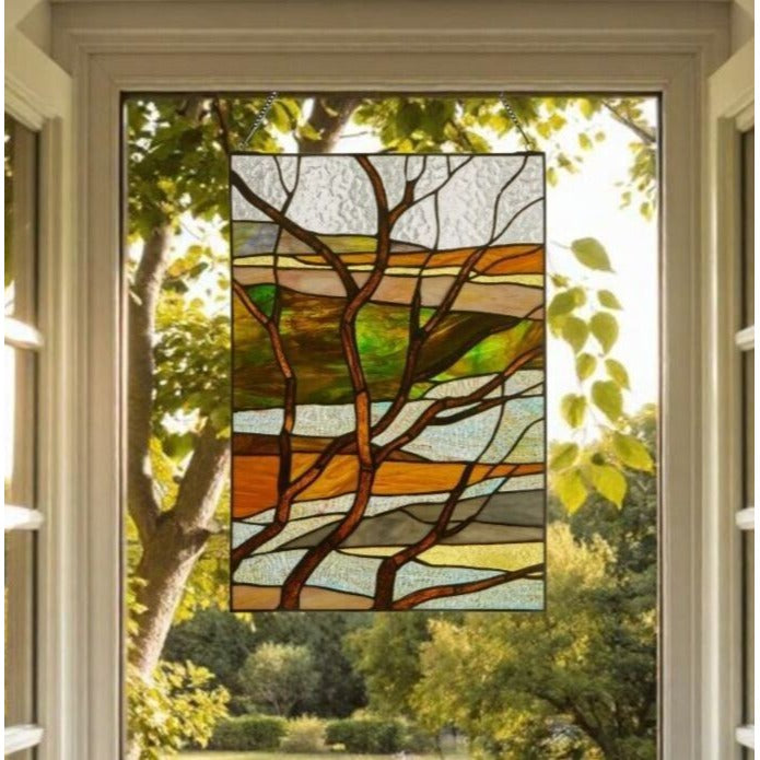 Tiffany Style Stained Glass Panel of Fall Treescape Suncatcher 14x20in