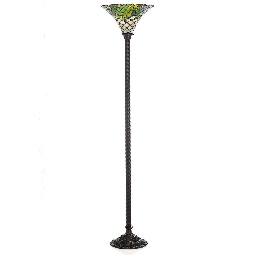 Victorian Theme Tiffany Style Green Leaf Torchiere Stained Glass Floor Lamp