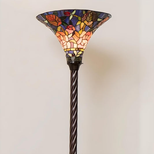 Victorian Theme Tiffany Style Multicolor Rose Torchiere Stained Glass Floor Lamp