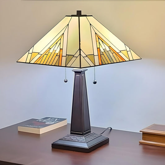 Stained Glass Lamp Tiffany Style Mission Design Amber Aztec Theme Table Lamp