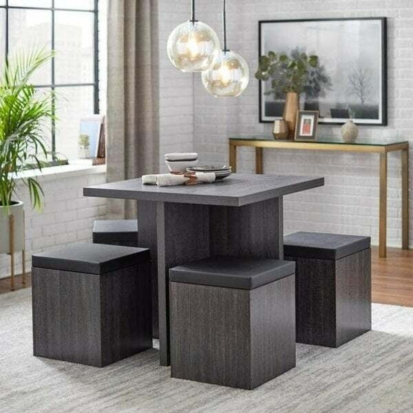 Dining Set Table With 4 Storage Ottomans 5 Piece Dining Set Black Weathered Fin