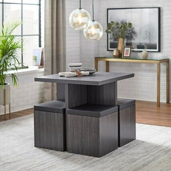 Dining Set Table With 4 Storage Ottomans 5 Piece Dining Set Black Weathered Fin