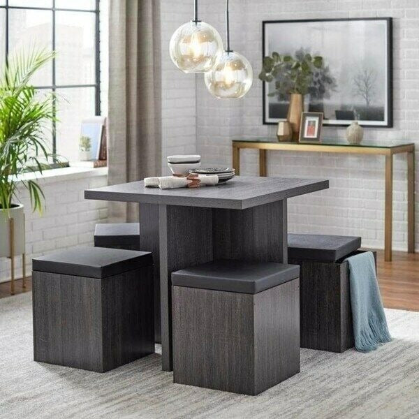 Dining Set Table With 4 Storage Ottomans 5 Piece Dining Set Black Weathered Fin