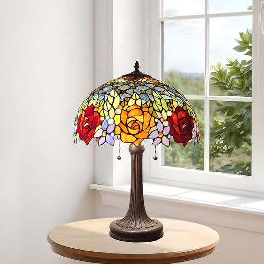 Floral Roses Handcrafted Tiffany Style Stained Glass Accent Table Lamp 23in