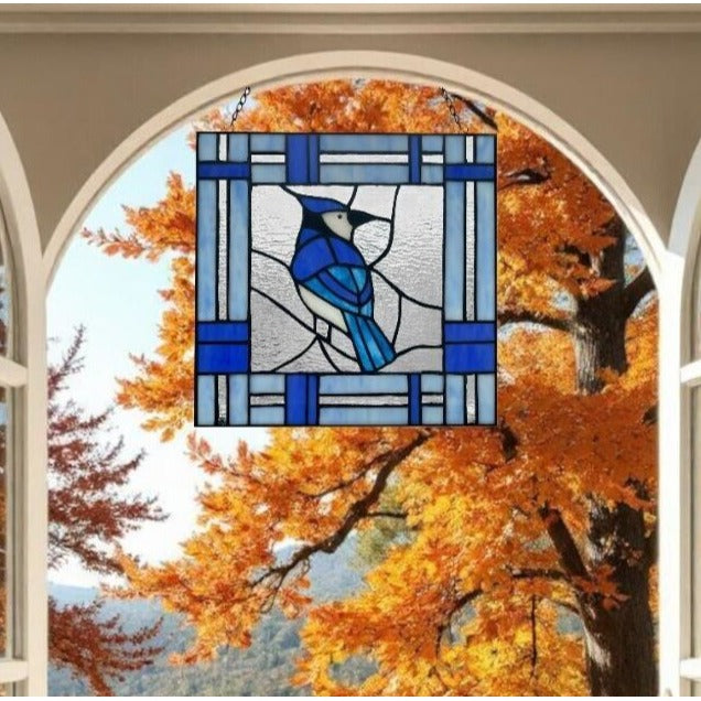 Blue Bird Stained Glass Window Panel Suncatcher 75 Handcut Pieces 11x11in