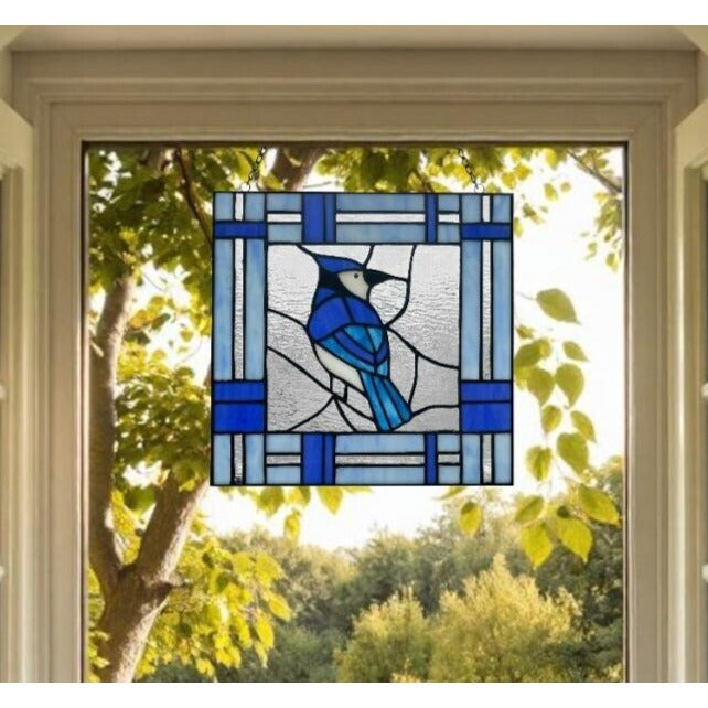 Blue Bird Stained Glass Window Panel Suncatcher 75 Handcut Pieces 11x11in