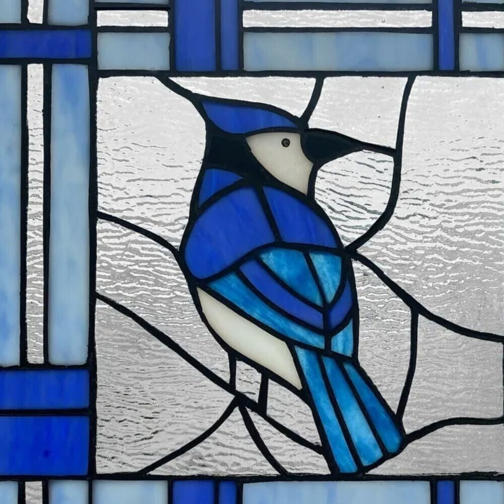 Blue Bird Stained Glass Window Panel Suncatcher 75 Handcut Pieces 11x11in