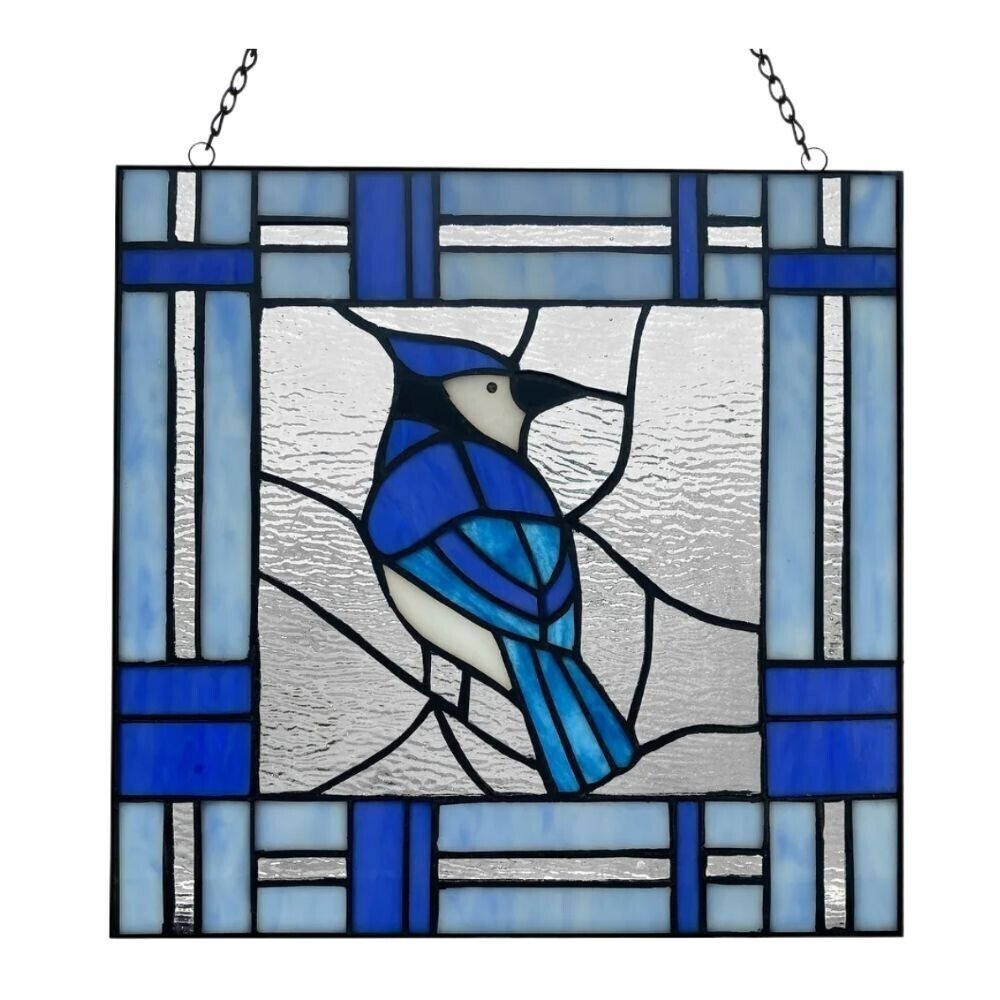 Blue Bird Stained Glass Window Panel Suncatcher 75 Handcut Pieces 11x11in