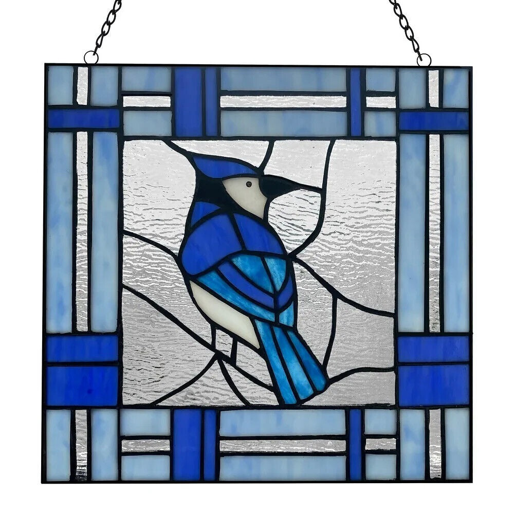 Blue Bird Stained Glass Window Panel Suncatcher 75 Handcut Pieces 11x11in