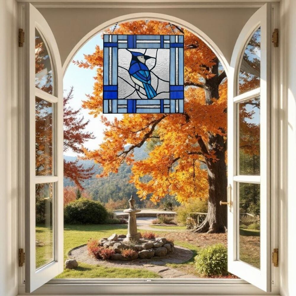 Blue Bird Stained Glass Window Panel Suncatcher 75 Handcut Pieces 11x11in