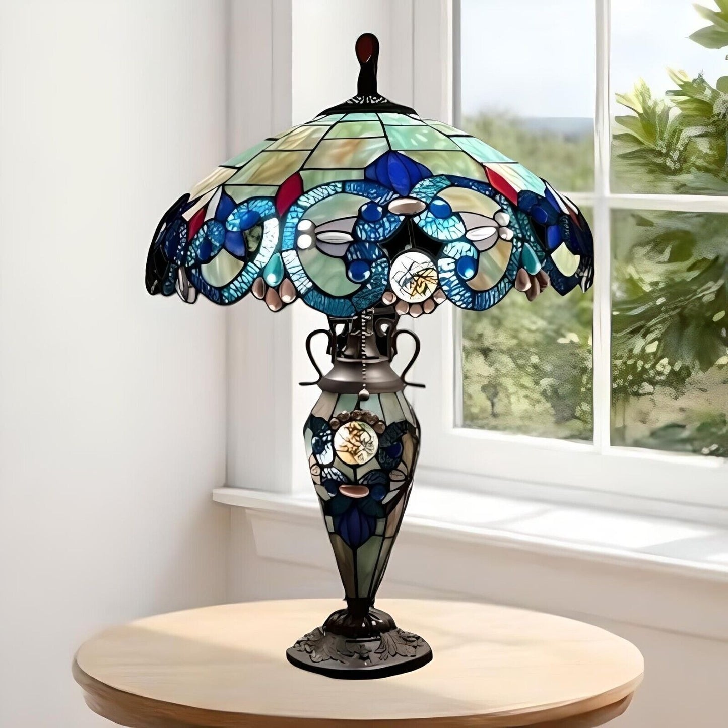 Victorian Theme Tiffany Style Stained Glass Table Lamp Blue Teal With Lit Base