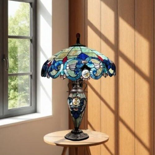 Victorian Theme Tiffany Style Stained Glass Table Lamp Blue Teal With Lit Base