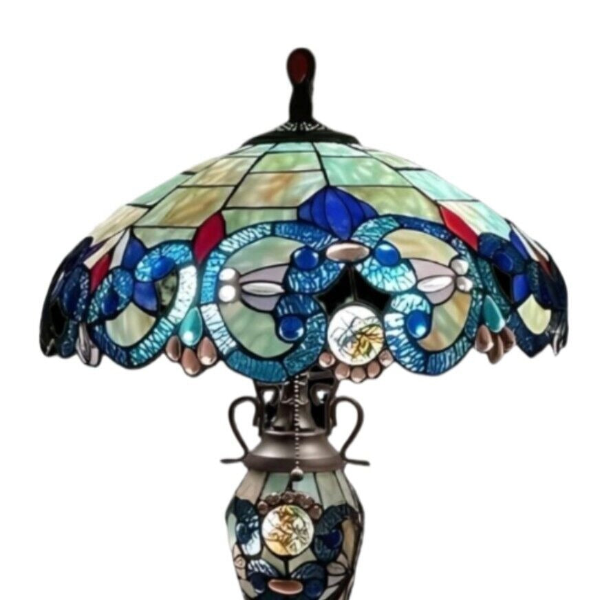 Victorian Theme Tiffany Style Stained Glass Table Lamp Blue Teal With Lit Base