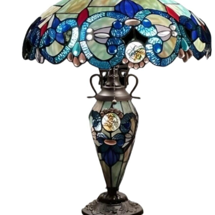 Victorian Theme Tiffany Style Stained Glass Table Lamp Blue Teal With Lit Base