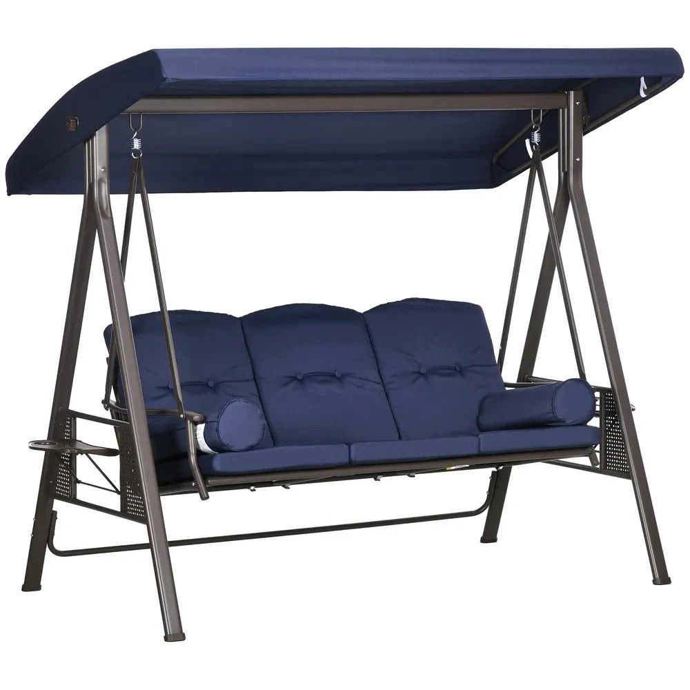 Navy Blue 3 Person Outdoor Patio Porch Swing with Canopy, Cushions, Pillows