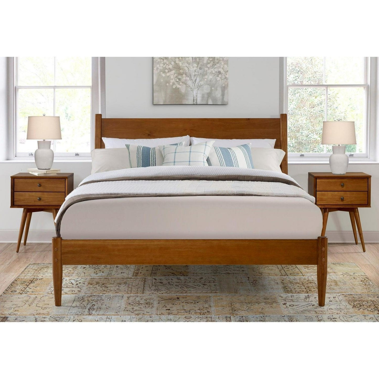 Brown Finish Pine Wood Mid-Century Style Queen Size Panel Bed