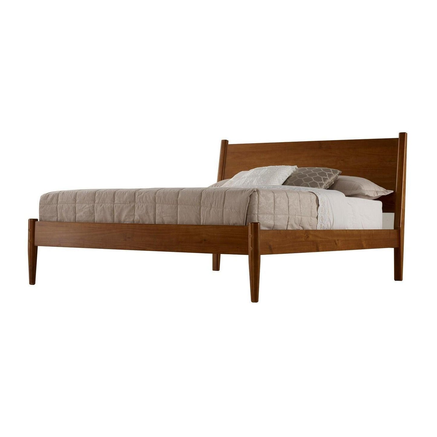 Brown Finish Pine Wood Mid-Century Style Queen Size Panel Bed