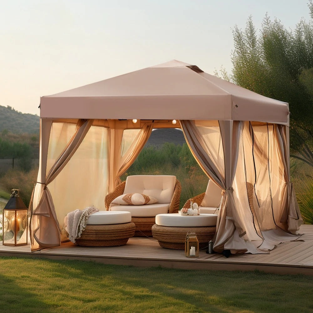 10x10ft Pop-Up Adjustable Canopy Gazebo w/ Netting, Vented Top, Wheeled Bag TAN