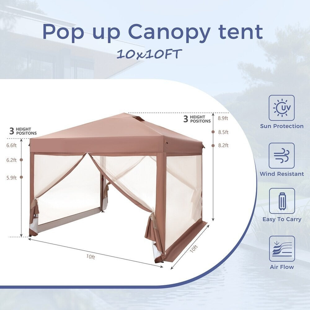 10x10ft Pop-Up Adjustable Canopy Gazebo w/ Netting, Vented Top, Wheeled Bag TAN