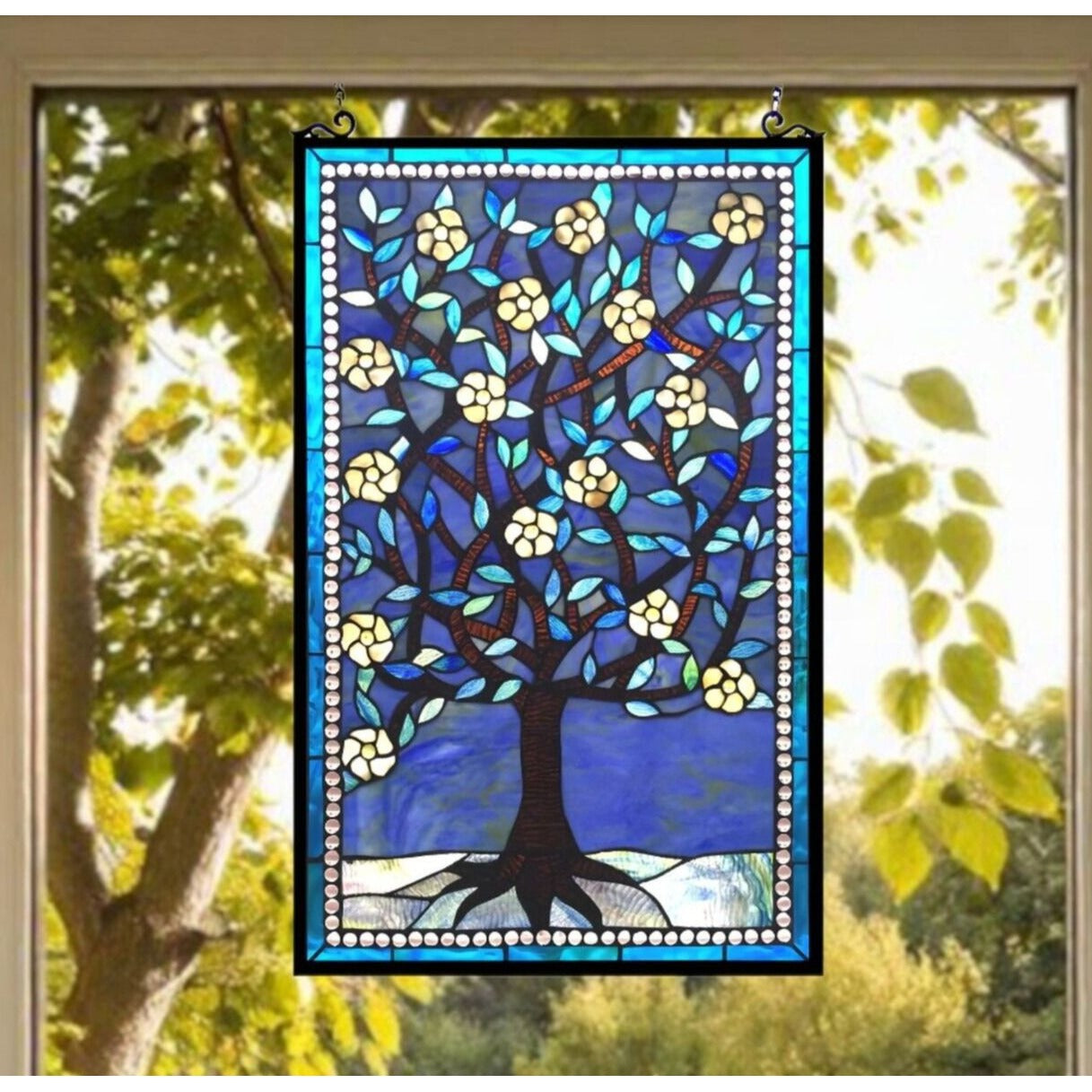 Vibrant Blue Tiffany Style Stained Glass Tree of Life Window Panel 20x32in