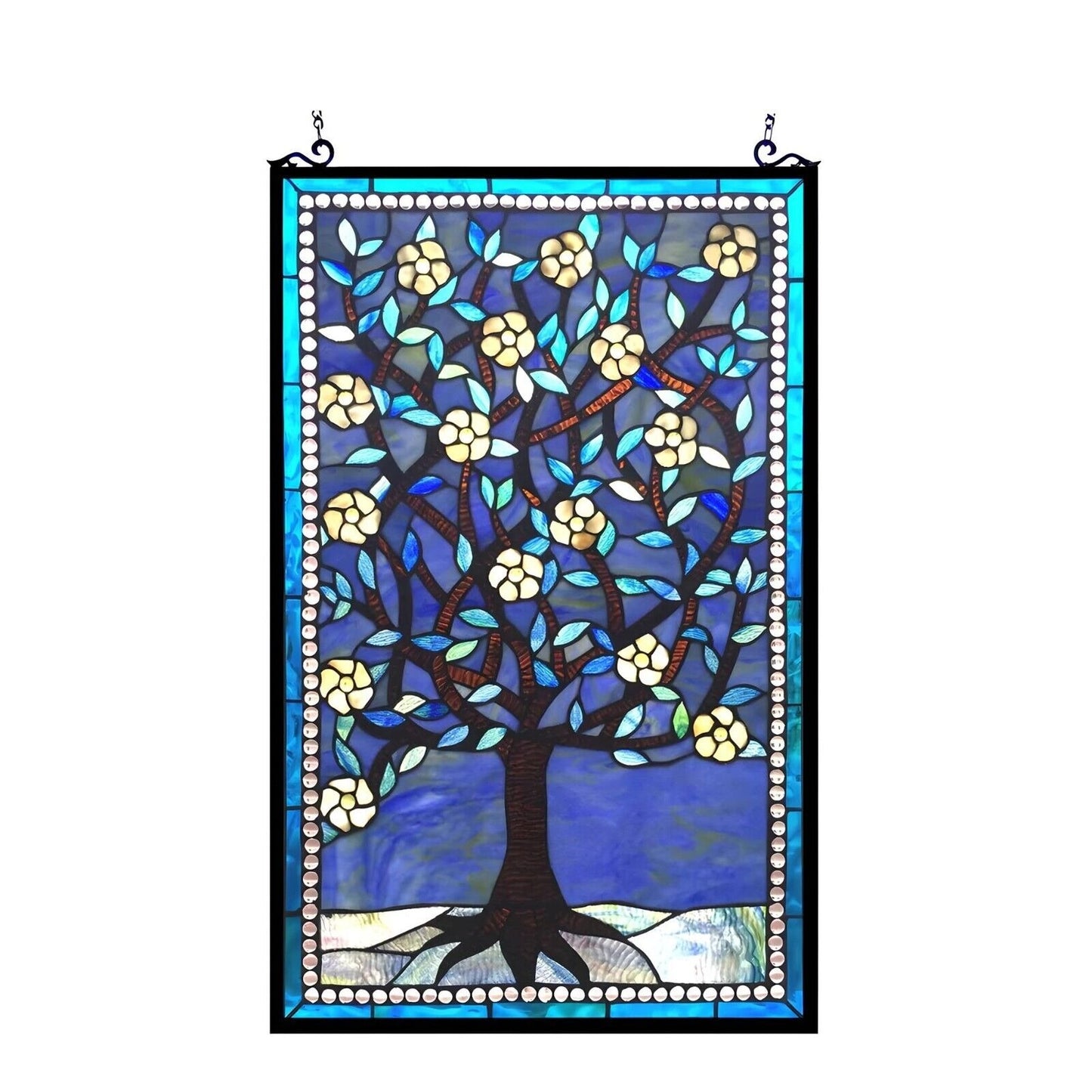 Vibrant Blue Tiffany Style Stained Glass Tree of Life Window Panel 20x32in