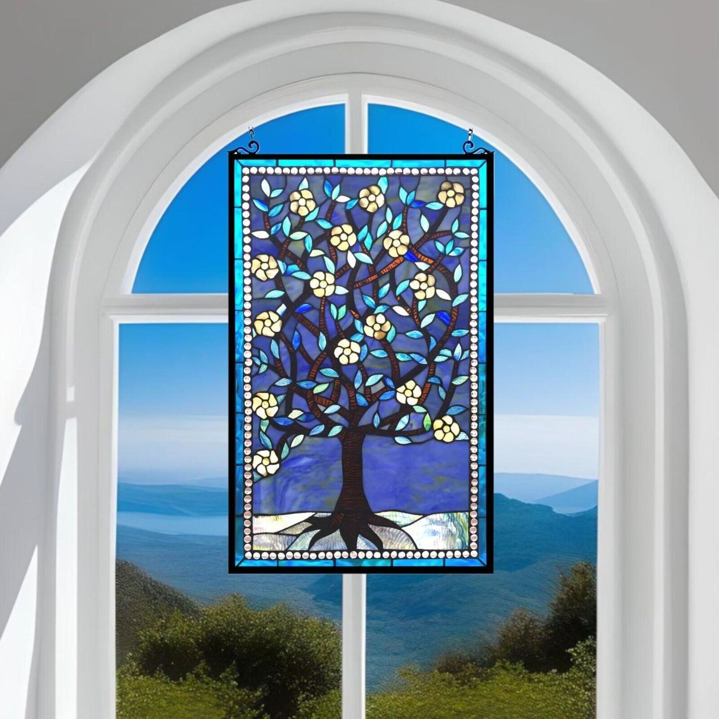 Vibrant Blue Tiffany Style Stained Glass Tree of Life Window Panel 20x32in