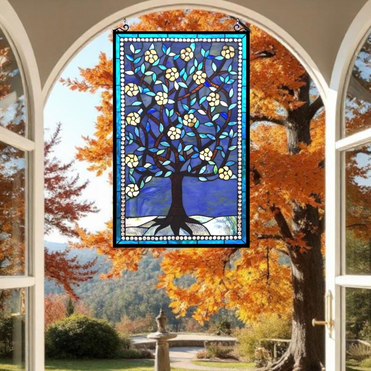 Vibrant Blue Tiffany Style Stained Glass Tree of Life Window Panel 20x32in