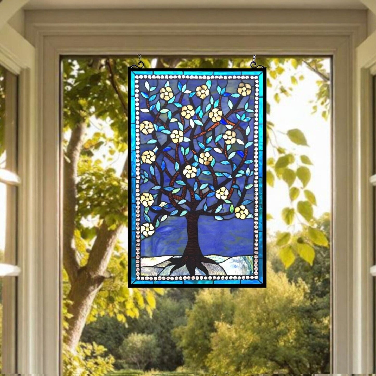 Vibrant Blue Tiffany Style Stained Glass Tree of Life Window Panel 20x32in