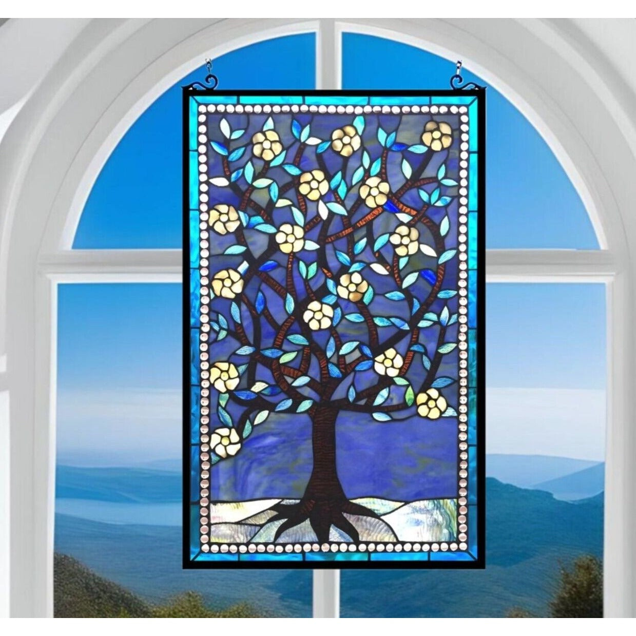 Vibrant Blue Tiffany Style Stained Glass Tree of Life Window Panel 20x32in