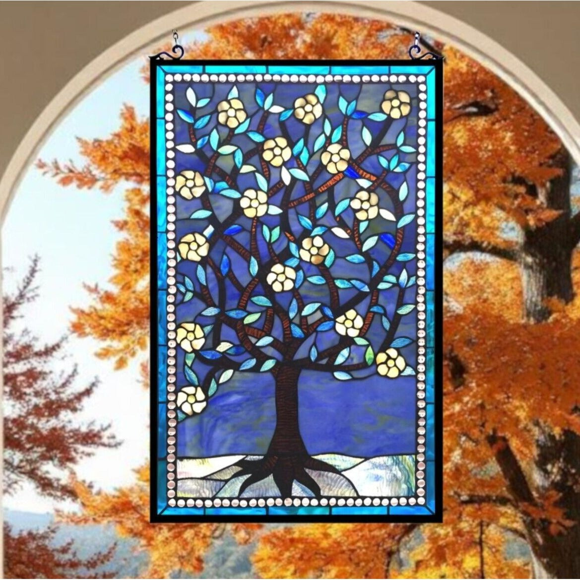 Vibrant Blue Tiffany Style Stained Glass Tree of Life Window Panel 20x32in