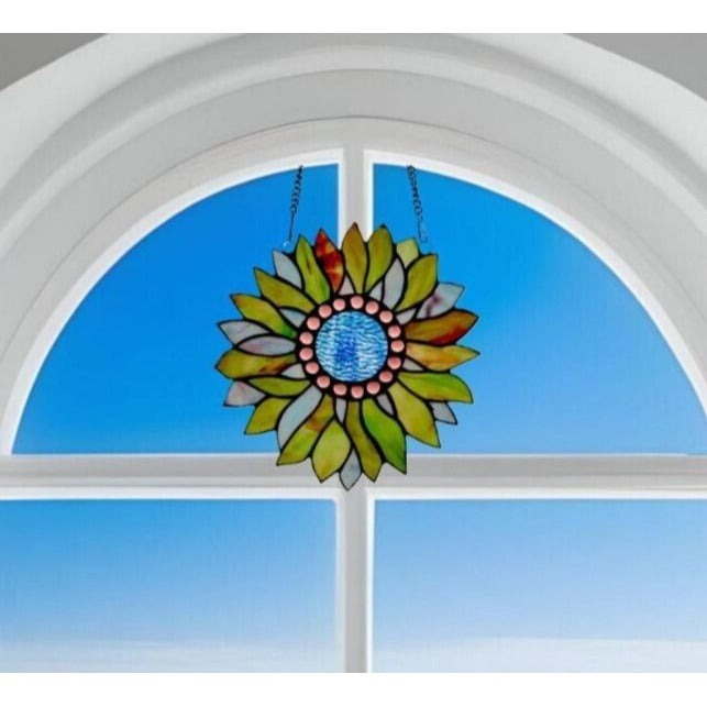 Blue and Green Sunflower Design Stained Glass Window Panel Suncatcher Round 12in