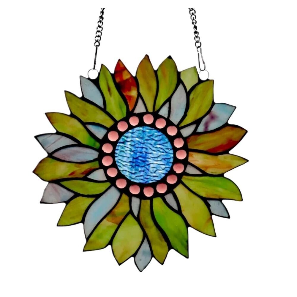 Blue and Green Sunflower Design Stained Glass Window Panel Suncatcher Round 12in