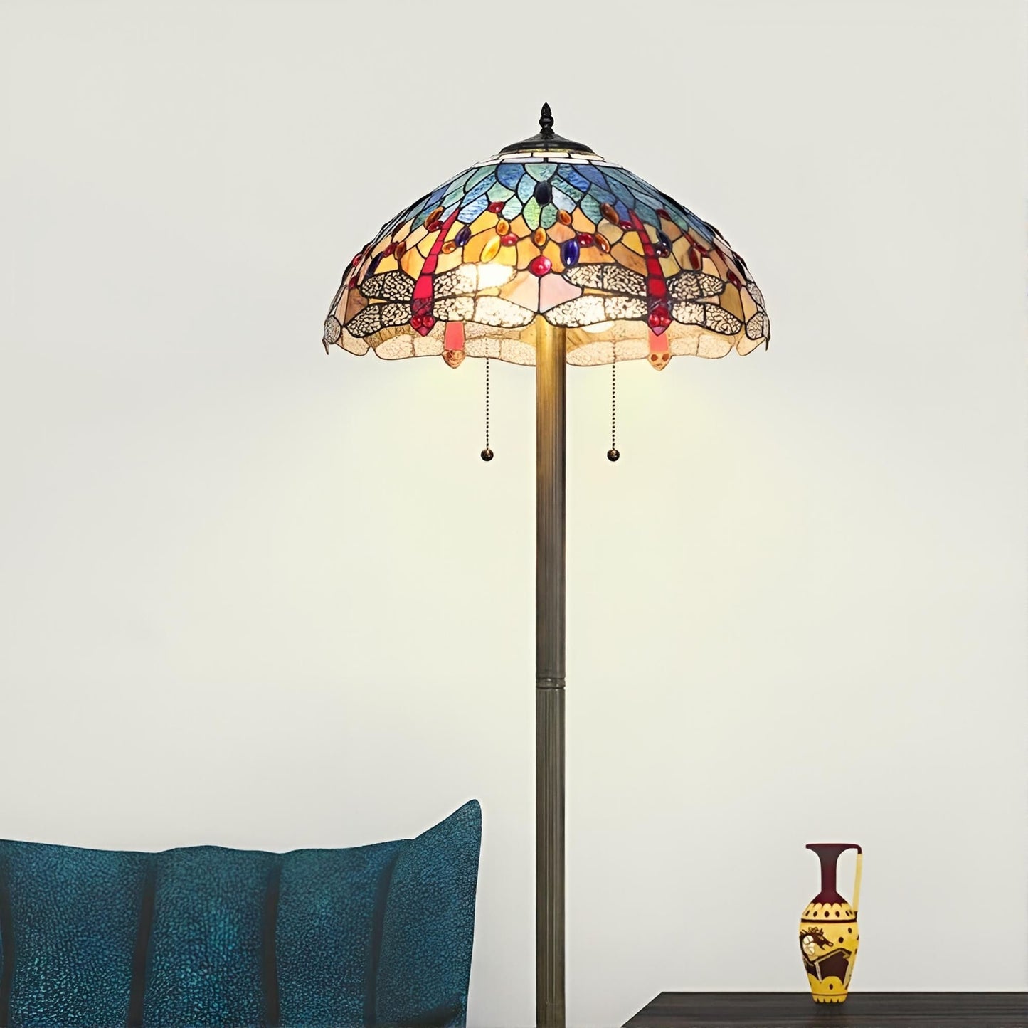Tiffany Style Stained Glass Red Dragonfly Floor Lamp With Blue and Yellow