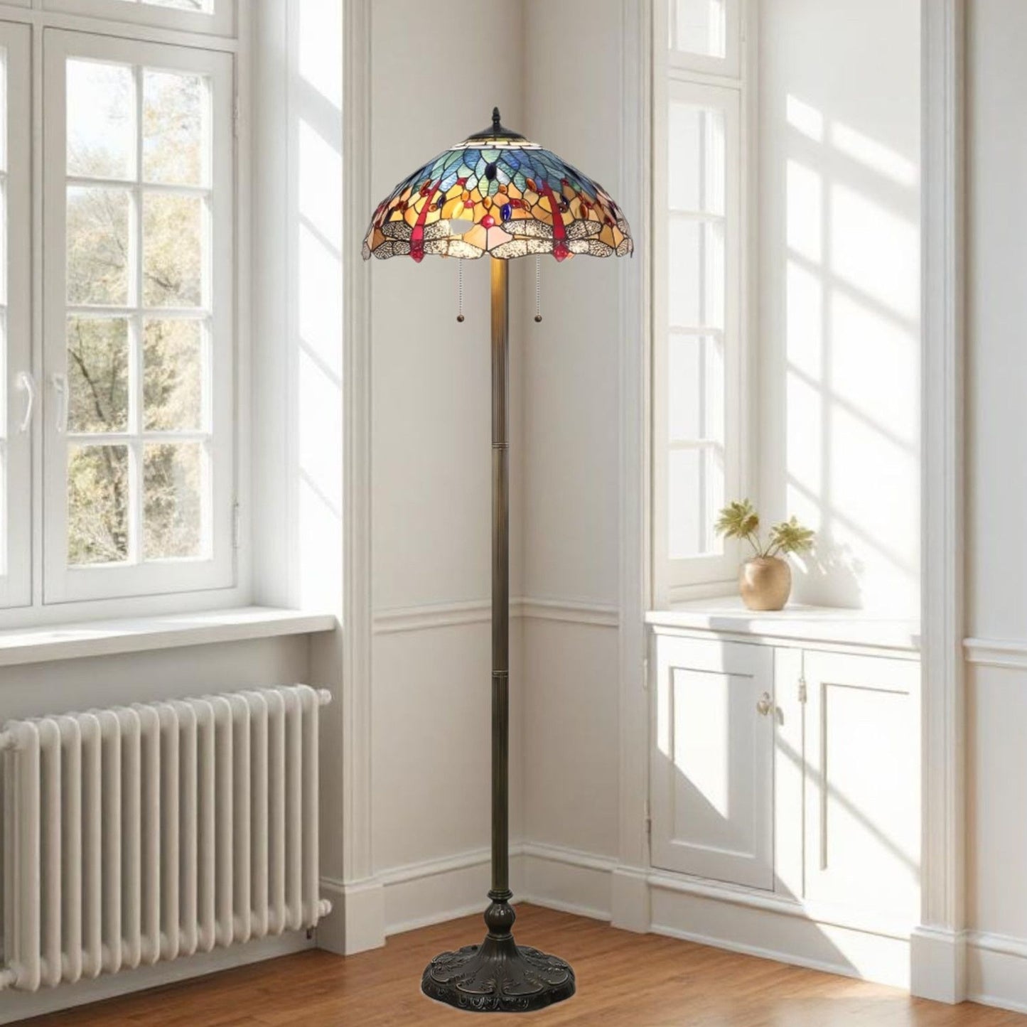Tiffany Style Stained Glass Red Dragonfly Floor Lamp With Blue and Yellow