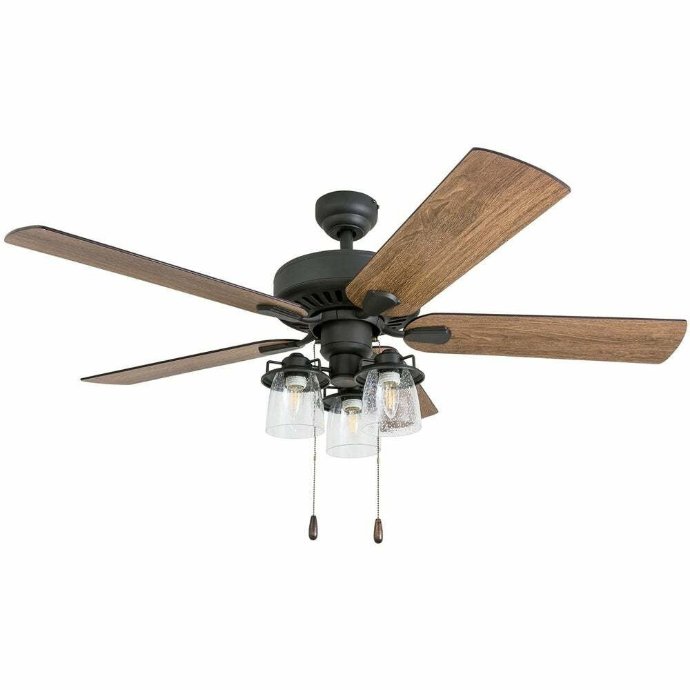Rustic Farmhouse Style Aged Bronze LED Lighted Ceiling Fan - 5 Blade 52in