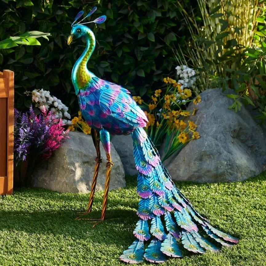 Peacock Statue With Tail Spread Metallic Garden Lawn Yard Decoration 28in Tall