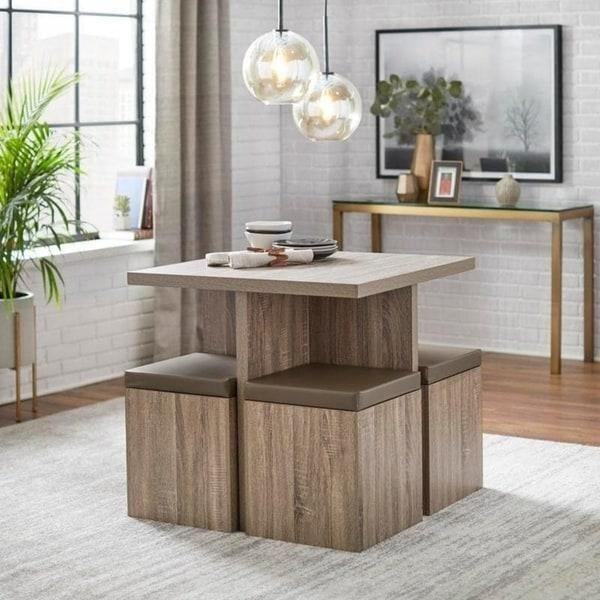 Dining Set Table With 4 Storage Ottomans 5 Piece Dining Set Tan