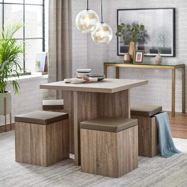 Dining Set Table With 4 Storage Ottomans 5 Piece Dining Set Tan