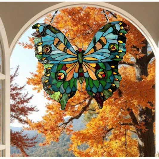 Lovely Emerald Butterfly Stained Glass Suncatcher Hanging Window Panel 21x20in