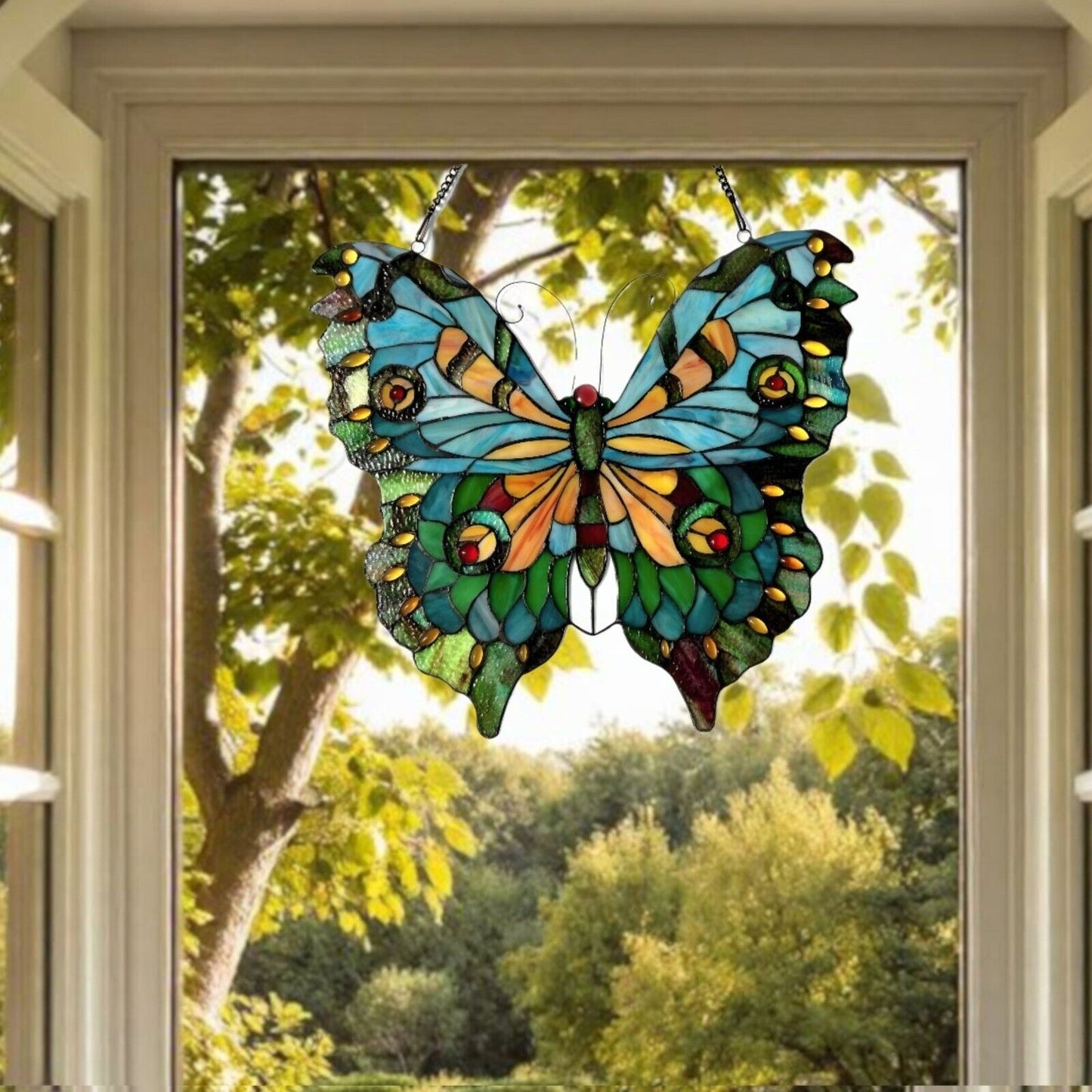 Lovely Emerald Butterfly Stained Glass Suncatcher Hanging Window Panel 21x20in