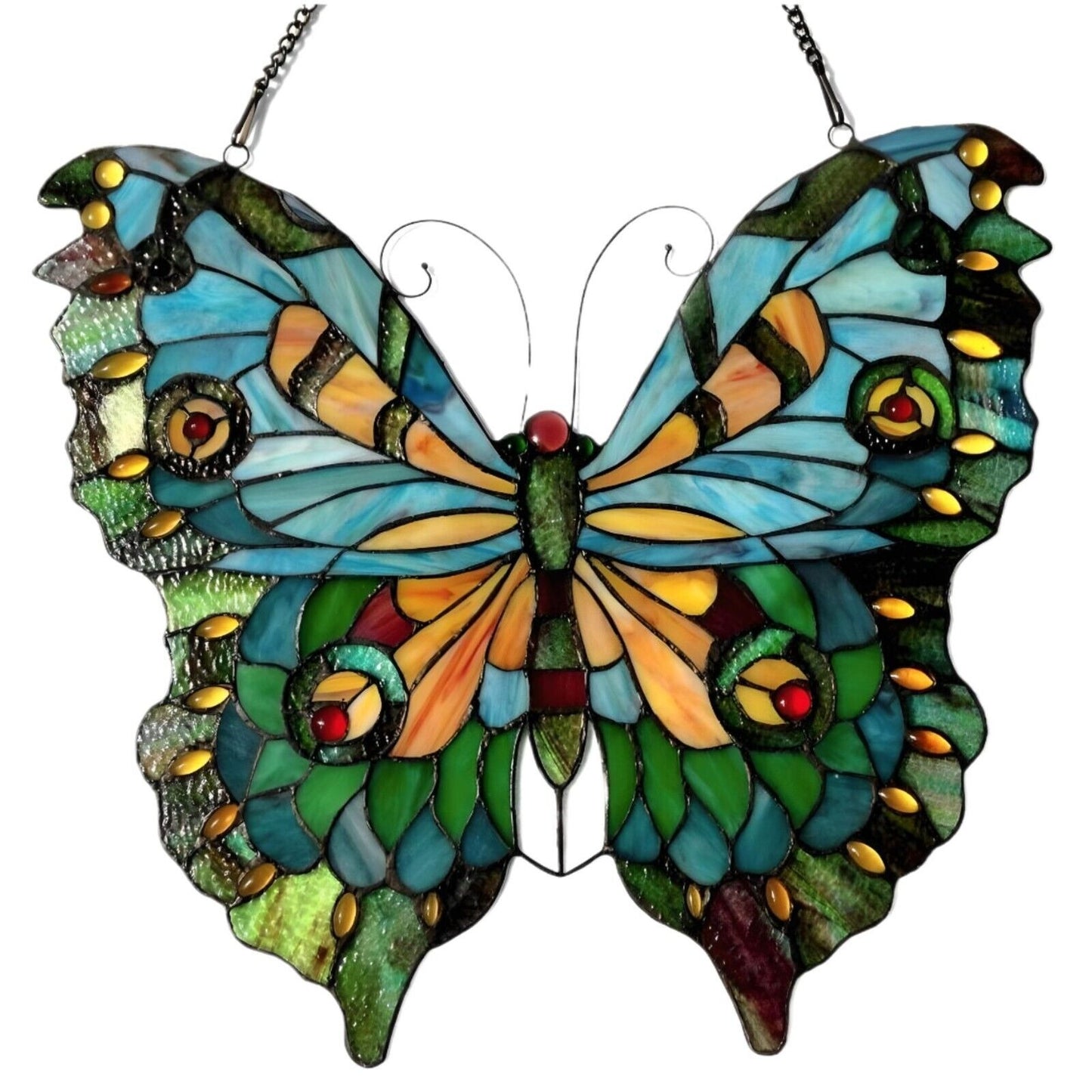 Lovely Emerald Butterfly Stained Glass Suncatcher Hanging Window Panel 21x20in