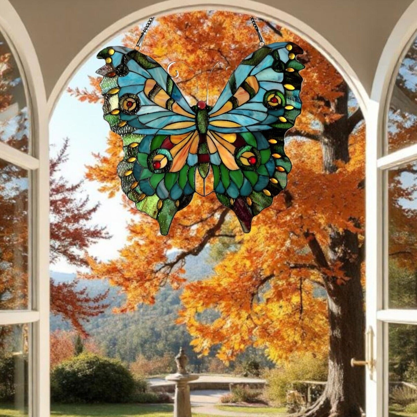 Lovely Emerald Butterfly Stained Glass Suncatcher Hanging Window Panel 21x20in