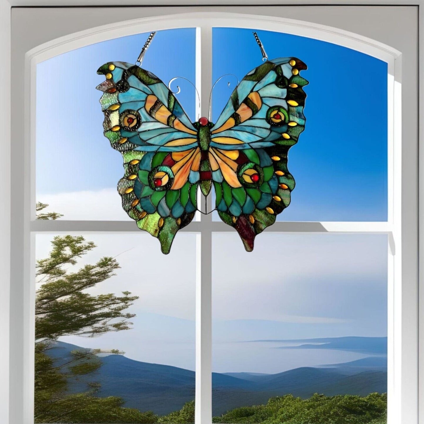 Lovely Emerald Butterfly Stained Glass Suncatcher Hanging Window Panel 21x20in